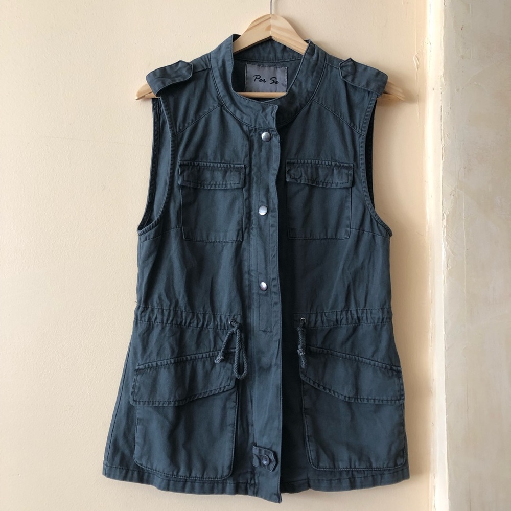 PER SE Utility Field Vest Grey Cotton Cargo Pockets Drawstring Fishing Safari
